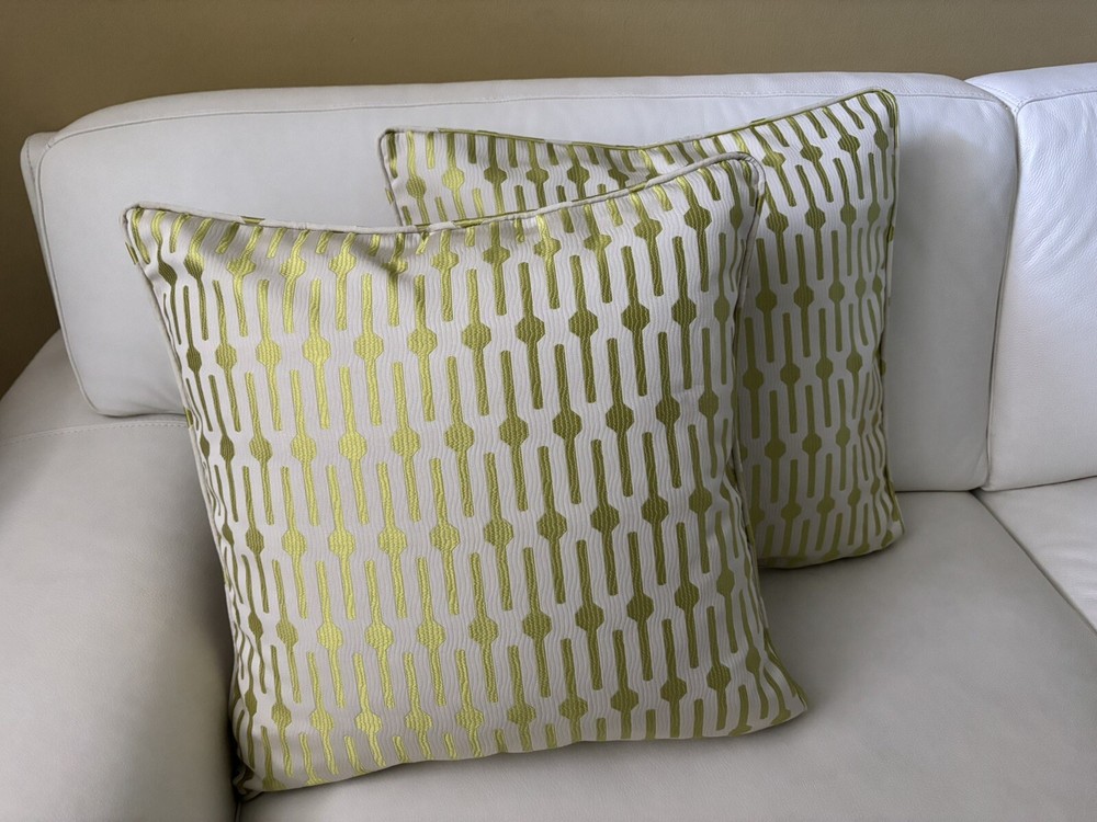 Scalamandre Silk Embroidered Beige & Kiwi Pillow Covers 20x20