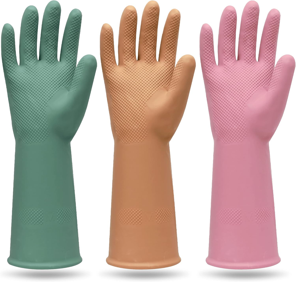 3 Pairs Reusable Waterproof Rubber Gloves for Dishwashing & Cleaning