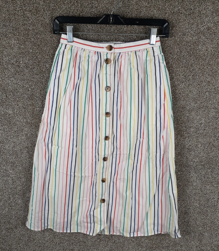 J. Crew Midi Skirt Poplin Rainbow Stripe Button Front Womens XXS Pockets Casual