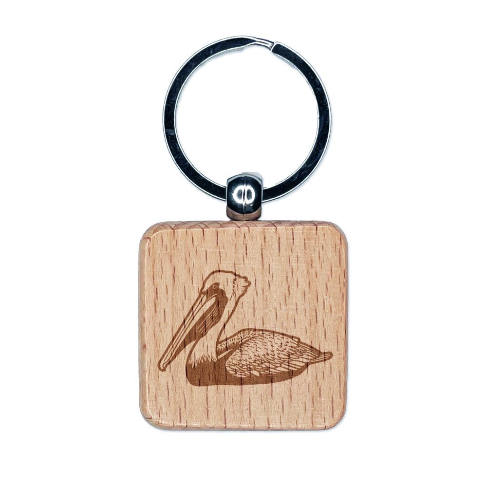 Brown Pelican Laser Engraved Wooden Keychain Tag Charm  