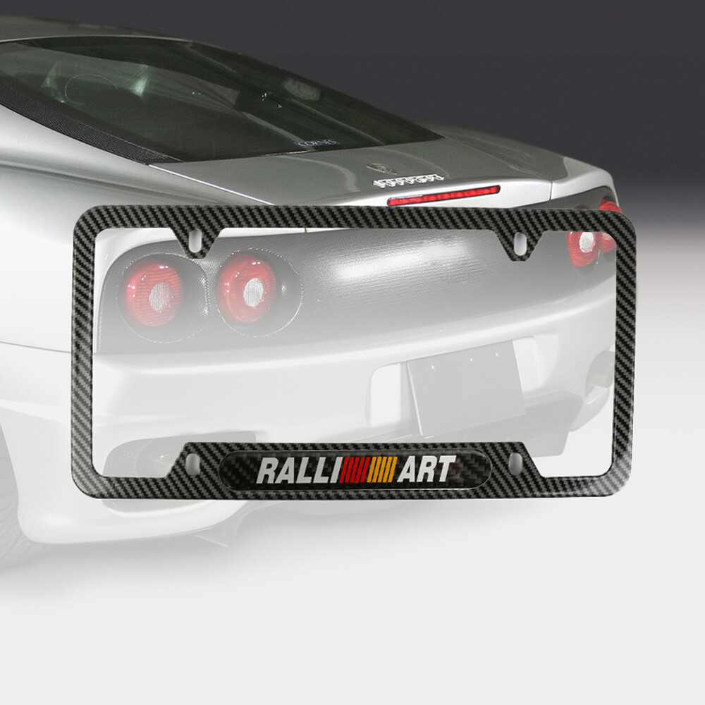 Ralliart Carbon Fiber Stainless Steel License Plate Frame with Black Carbon Emblem
