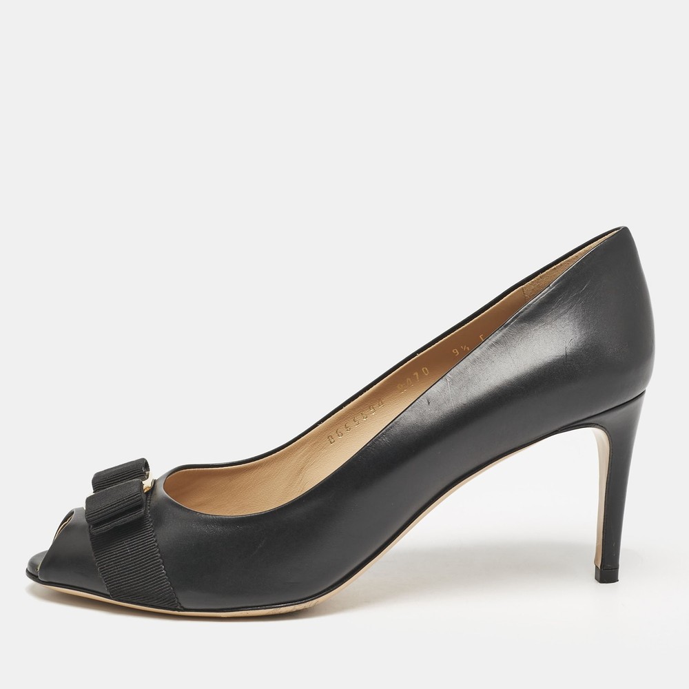 Salvatore Ferragamo Black Leather Pola Vara Bow Peep Toe Pumps Size 40