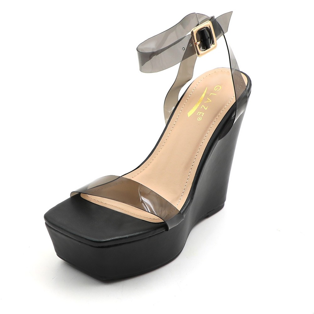 Women's Clear Band Platform Wedge Sandals with Ankle Buckle 4.5 Inch Heel
