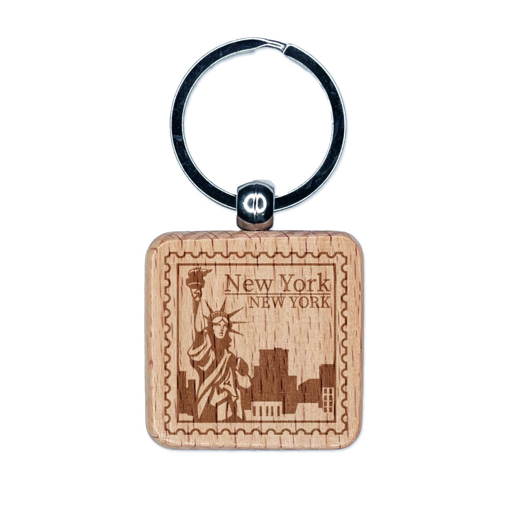 New York Destination Travel Engraved Wood Square Keychain Tag Charm