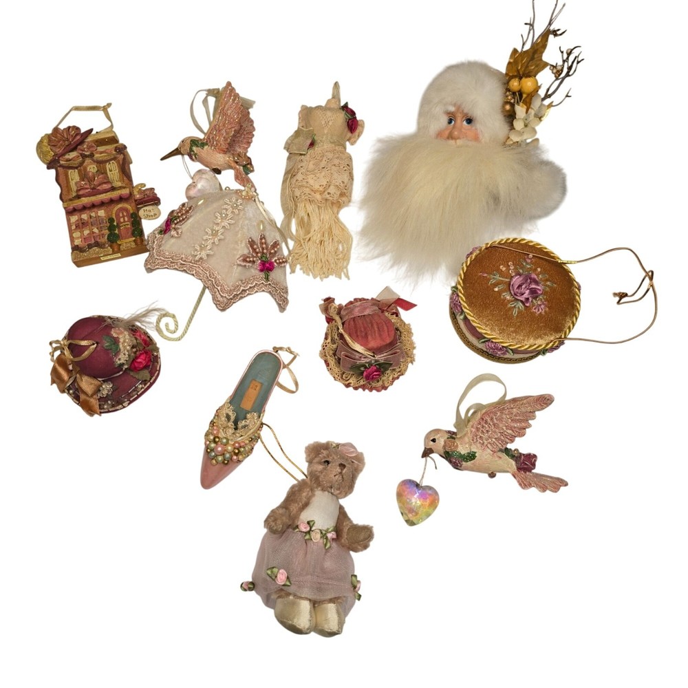 Vintage Victorian Style Christmas Ornaments Fashion Hat Shoe Santa Lot of 11