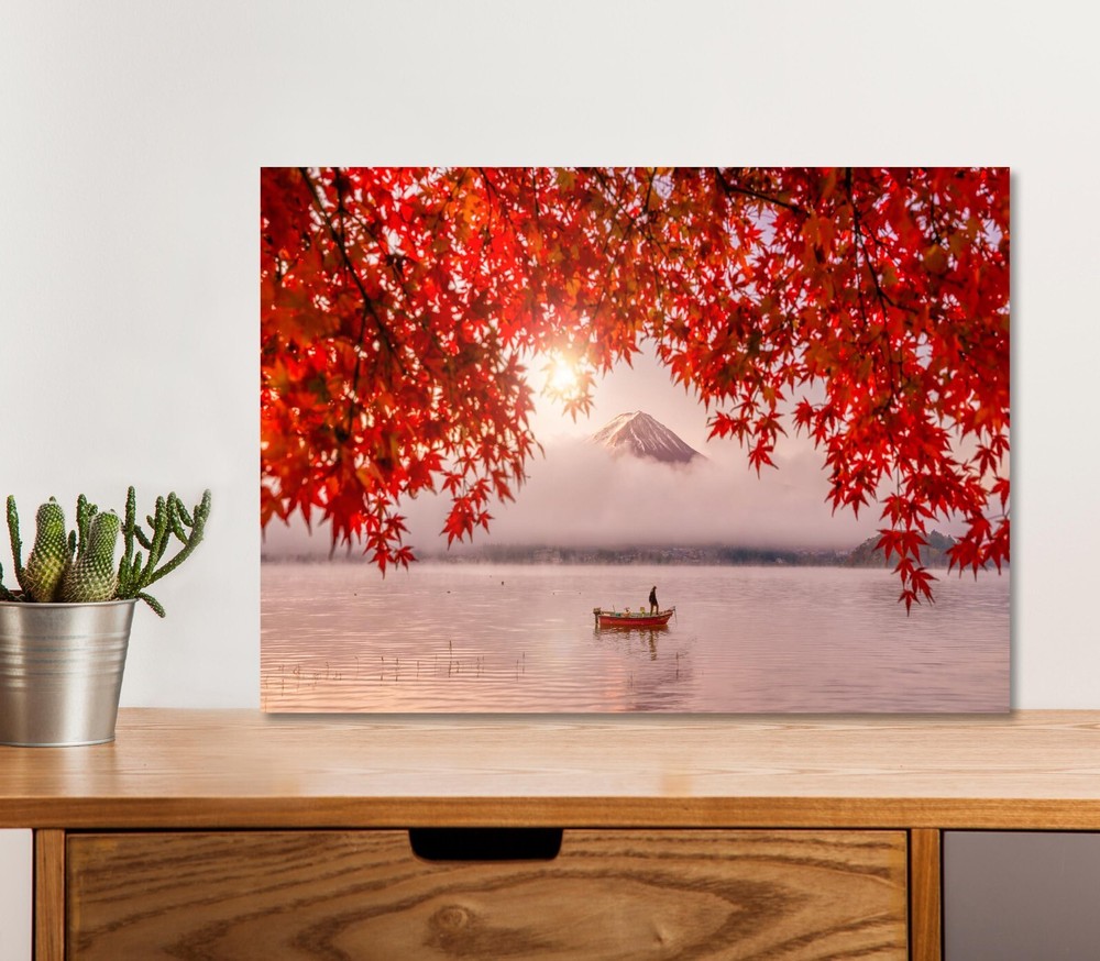 Red Autumn Leaves, Boat and Mount 5mm thick Plastic Poster Ready to Hang 60x45cm