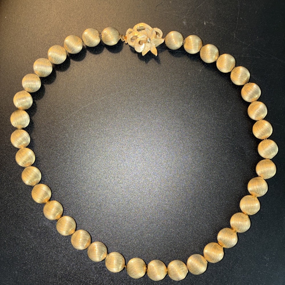 Vintage Brushed Gold Tone Metal Beaded Necklace-Box Clasp-15.5”