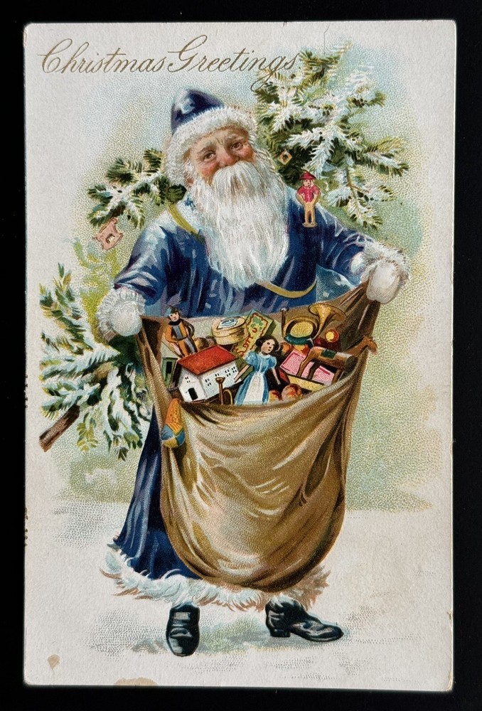 Christmas Greetings Postcard Old World Santa Purple Robe Hat Tree Bag Toys JA9