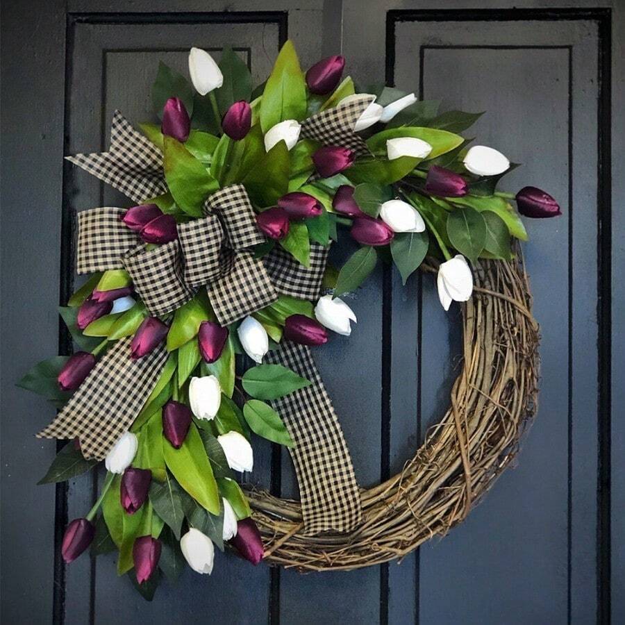 13.7in Spring Summer Front Door Wreath Lemon Pansy Sunflower Tulip Handmade