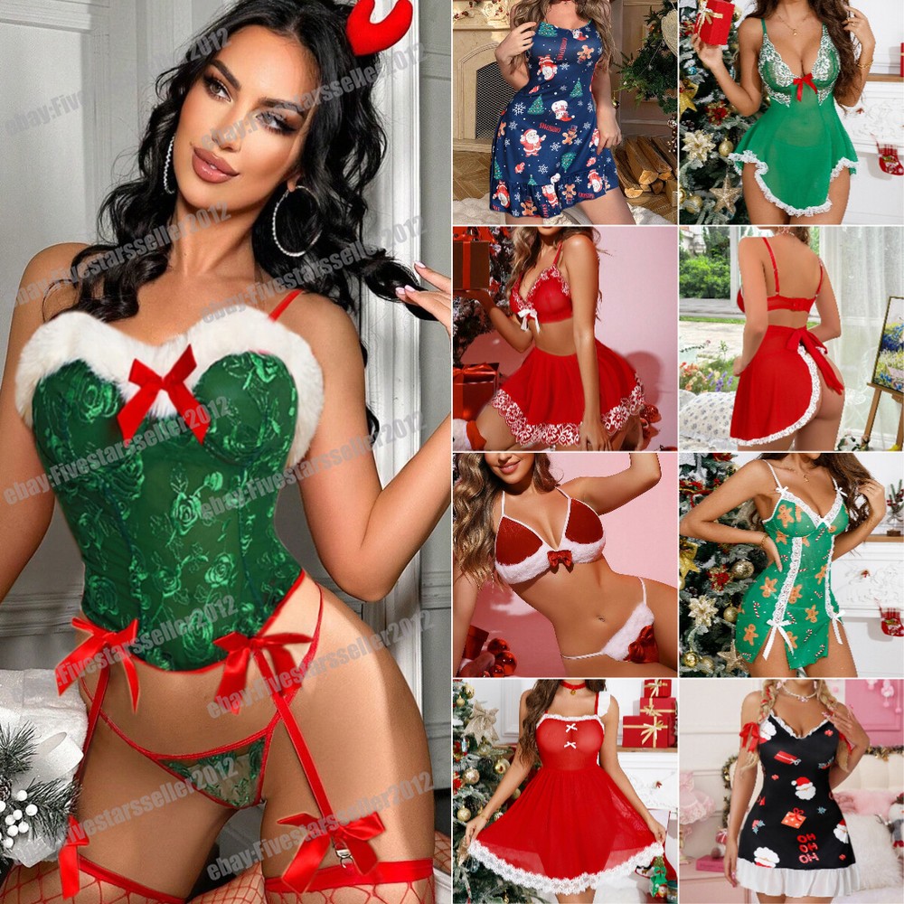 Sexy Santa Lingerie Set Babydoll Lace Bra Panty Sleepwear