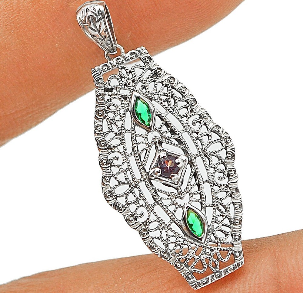 Natural Amethyst & Emerald 925 Sterling Silver Victorian Style Pendant AB1842