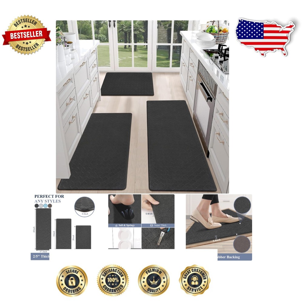 Set of 3 Anti-Fatigue Non-Slip Kitchen Mats - Waterproof & Cushioned Comfort