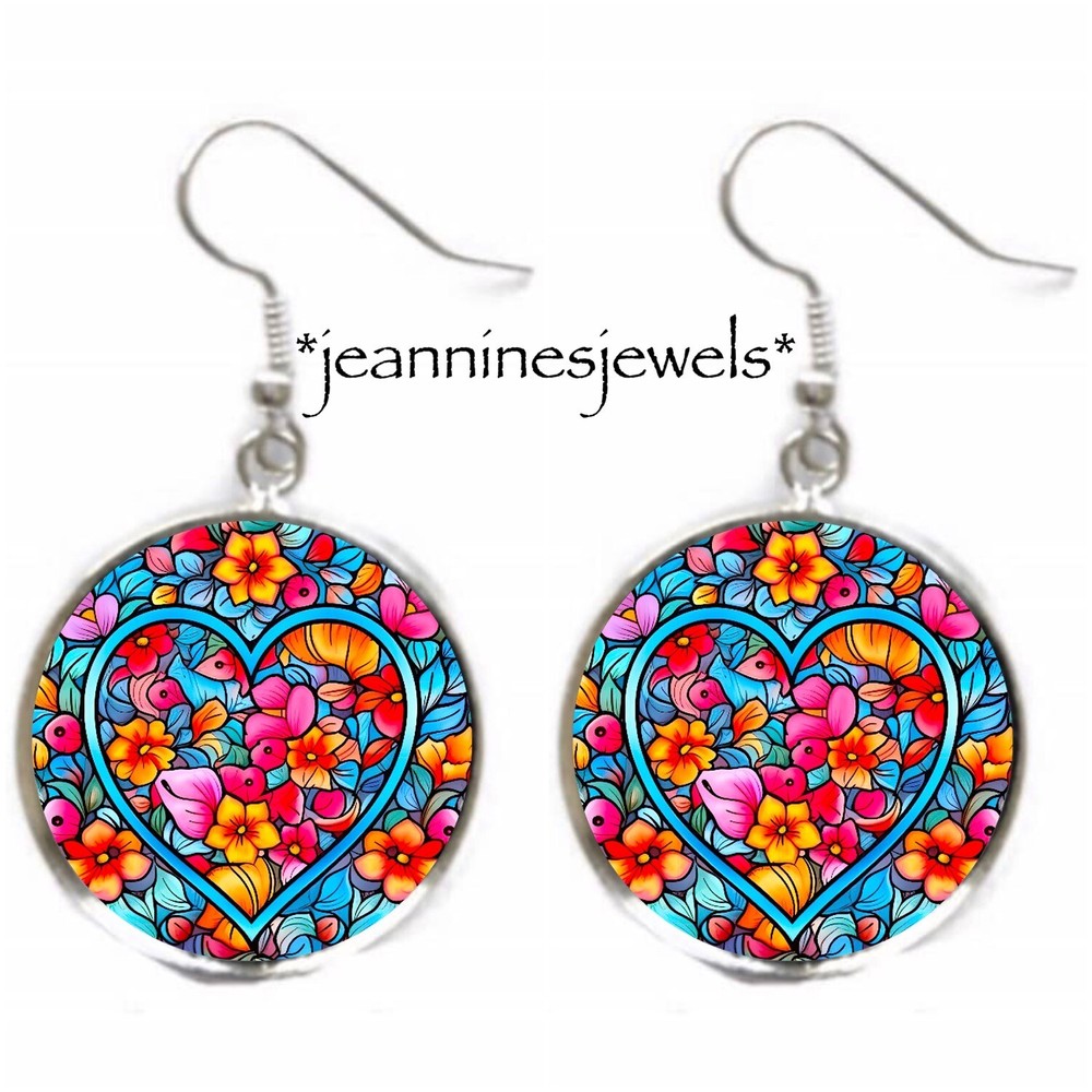 Valentines Heart Flowers Faux Stained Glass Art Print Silver Dangle EARRINGS