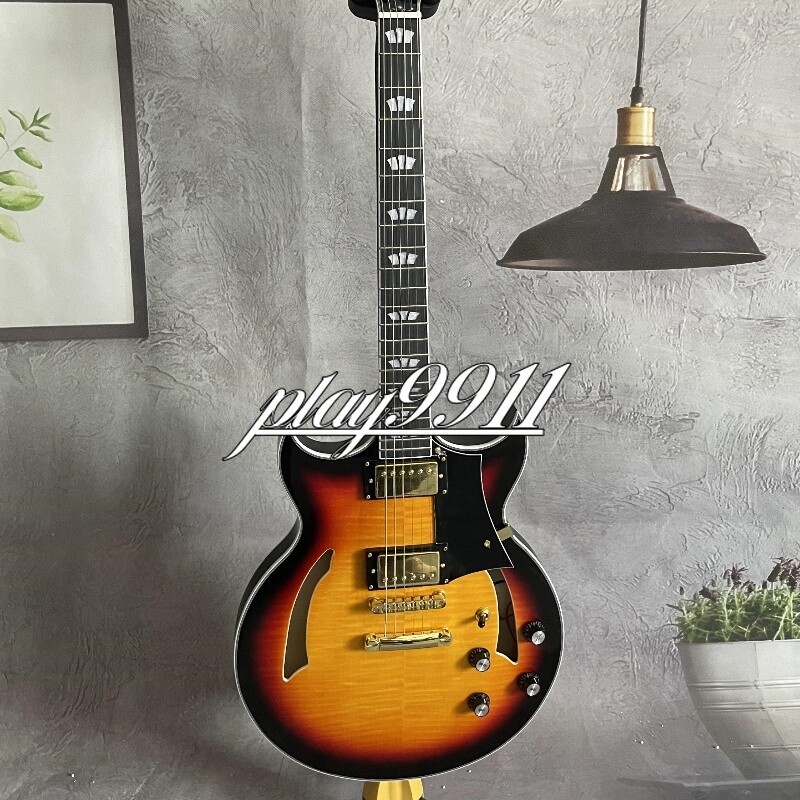 Sunburst Semi-Hollow Electric Guitar with HPL Fingerboard Gold Hardware and HH Pickups
