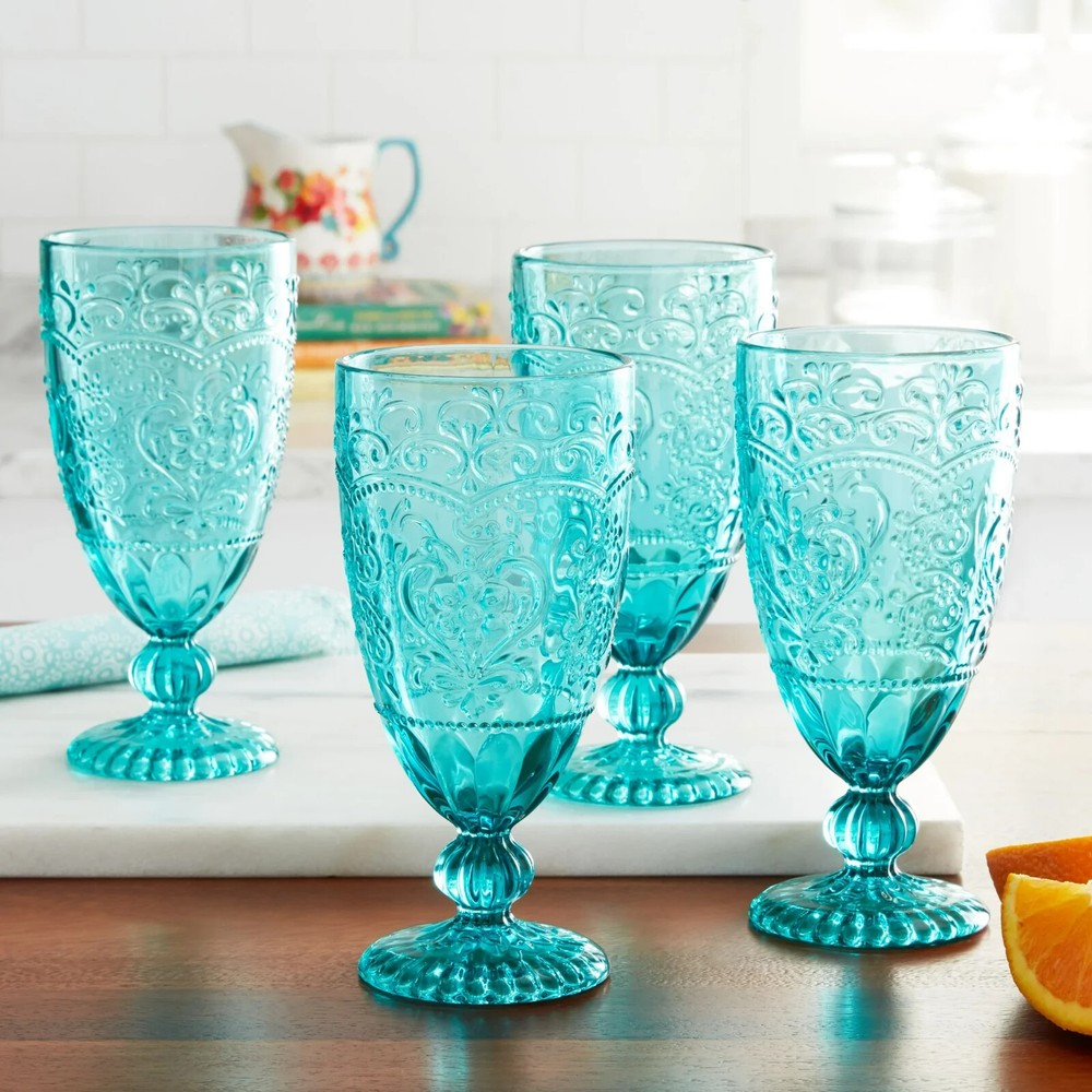 Pioneer Woman Amelia 14.7-Oz Teal Glass Goblet Set of 4