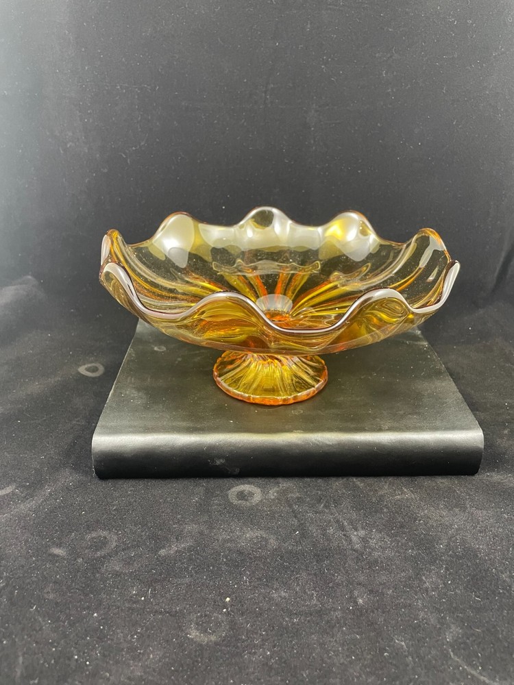 Vintage Amber Glass 9-Petal Footed Pedestal Bowl Dish  