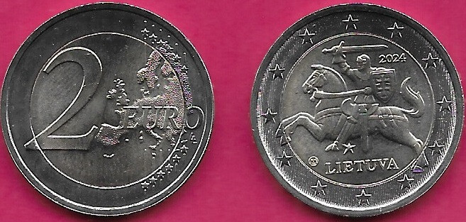 LITHUANIA 2 EURO 2024 UNC LIETUVA,ARMS OF LITHUANIA,WITH THE DATE ON THE RIGHT A