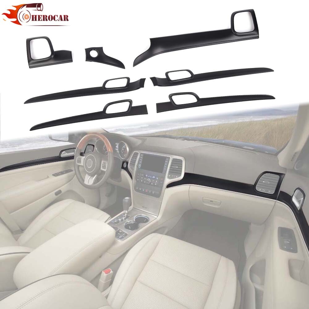 7PCS Mattle Black Dash Panel & Door Handle Covers Kit for 14+Jeep Grand Cherokee