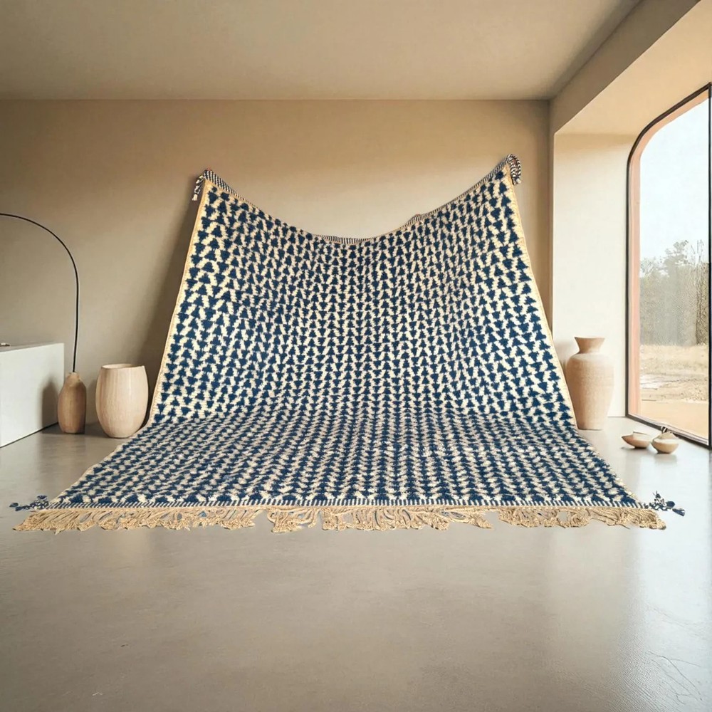 Handmade Color Dark Blue & Cream Moroccan Berber Wool Rug Design Carpet Area Rug