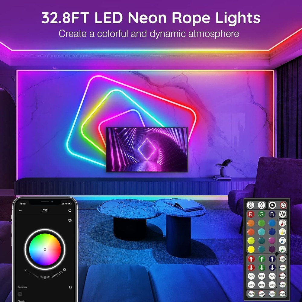 32.8Ft RGB Neon Rope Lights Flexible LED Strip for Indoor /Outdoor with App/ Rem