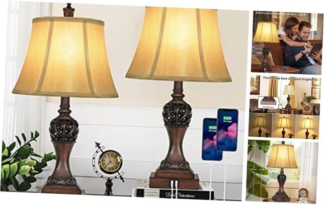 Set of 2 Touch Control 3-Way Dimmable Table Lamps with Dual USB Ports