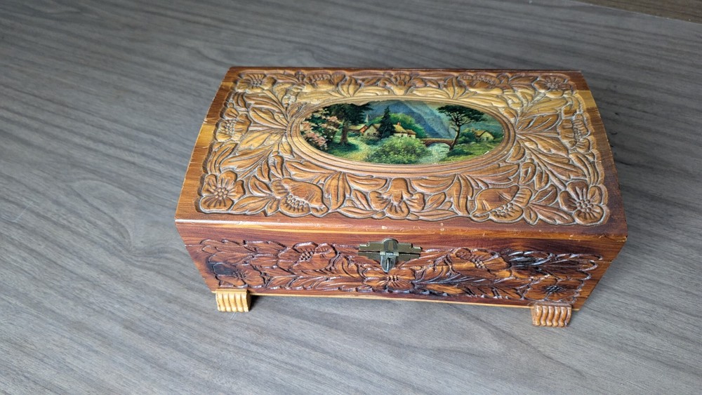 Vintage Carved Wooden Cedar Chest Box Mirror 11 x 6