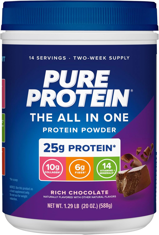 Pure Protein All-In-One Powder, Rich Chocolate - Whey & Collagen, High Fiber, Vi