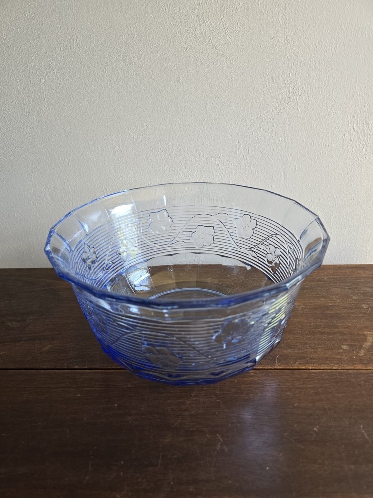 Vintage Avalon Blue Anchor Hocking Floral Large Salad Serving Bowl