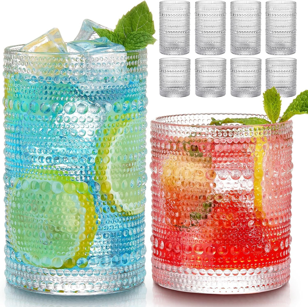 Set of 8 Vintage Hobnail Drinking Glasses 12oz Highball Glasses & 10oz Cocktail