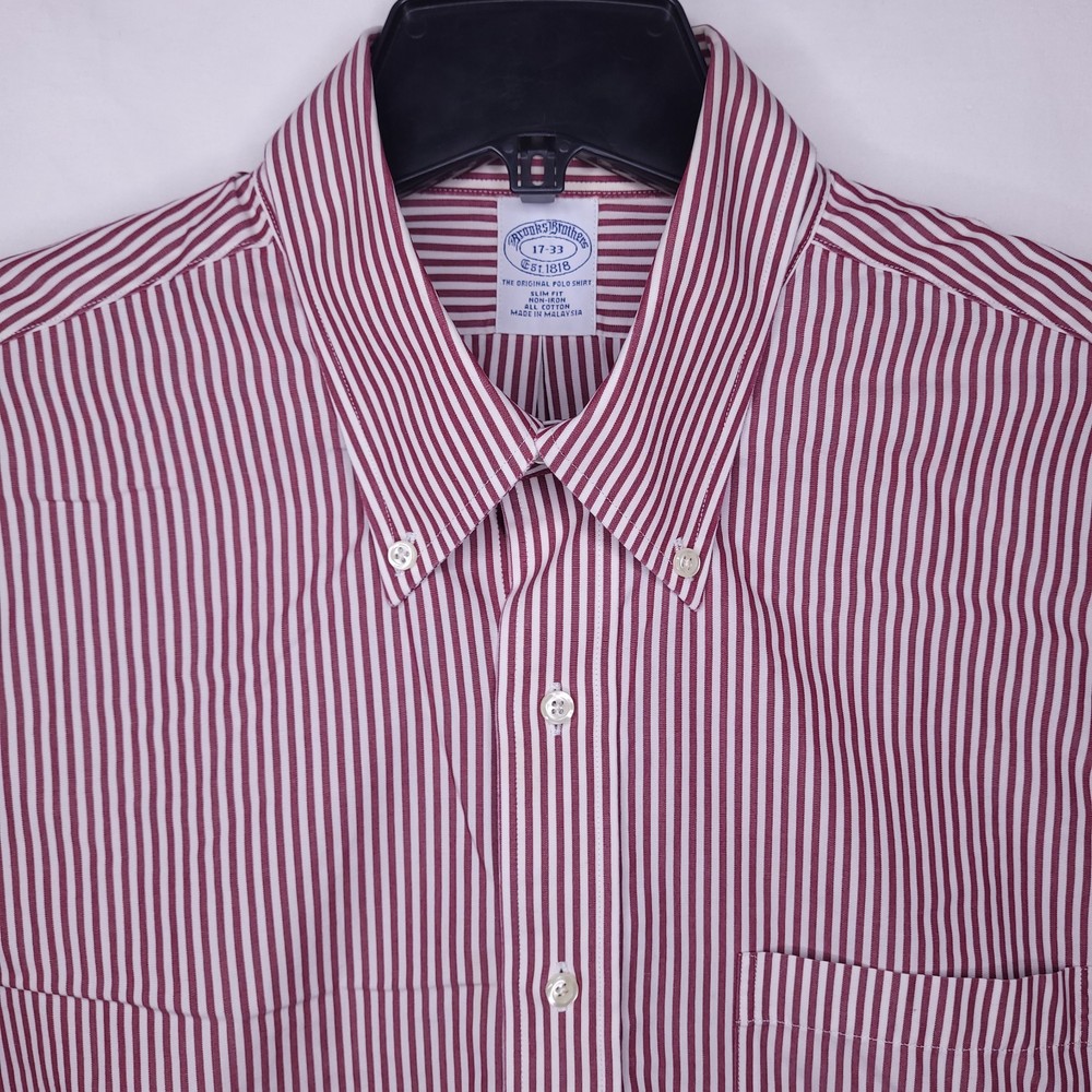 Brooks Brothers Dress Shirt Mens 17 Striped Red, White Slim Fit Non Iron