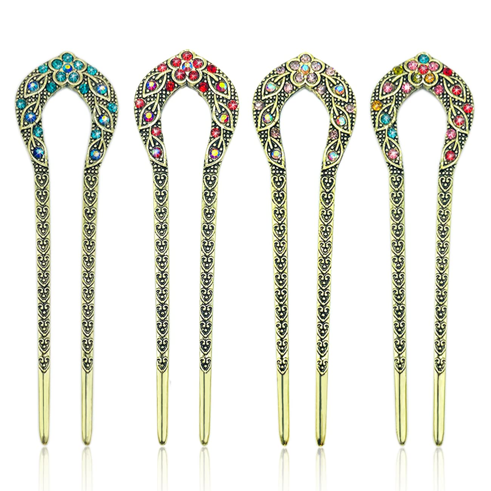 4 Pieces French Metal U-Shaped Hairpins, Vintage Double Prong Hair Clips