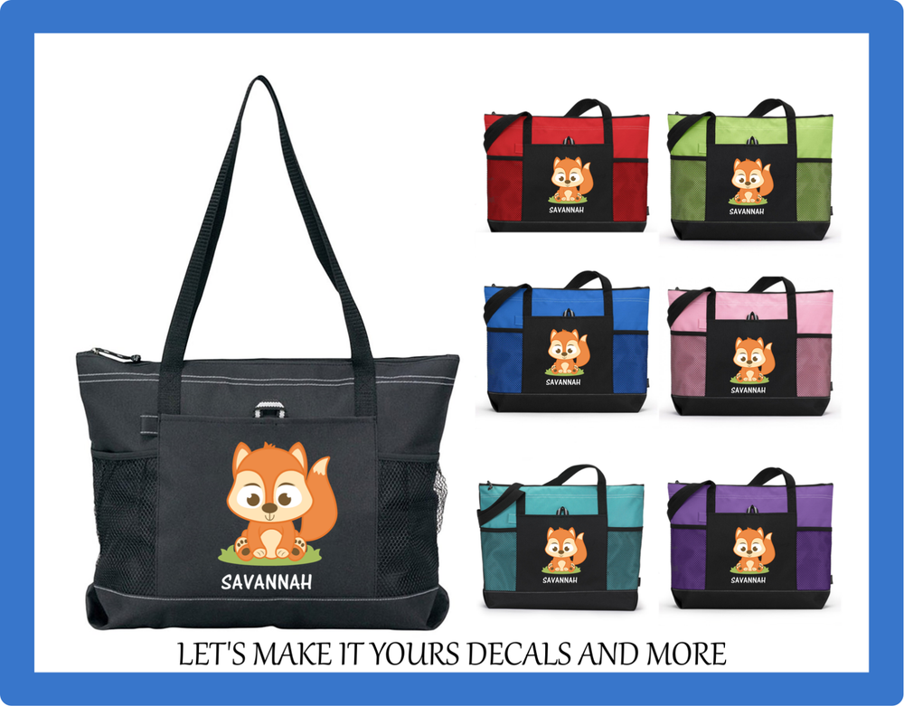 BABY FOX PERSONALIZED W/ NAME TOTE PURSE SPORTS DIAPER GYM SCHOOL BAG ZIPS GIFT