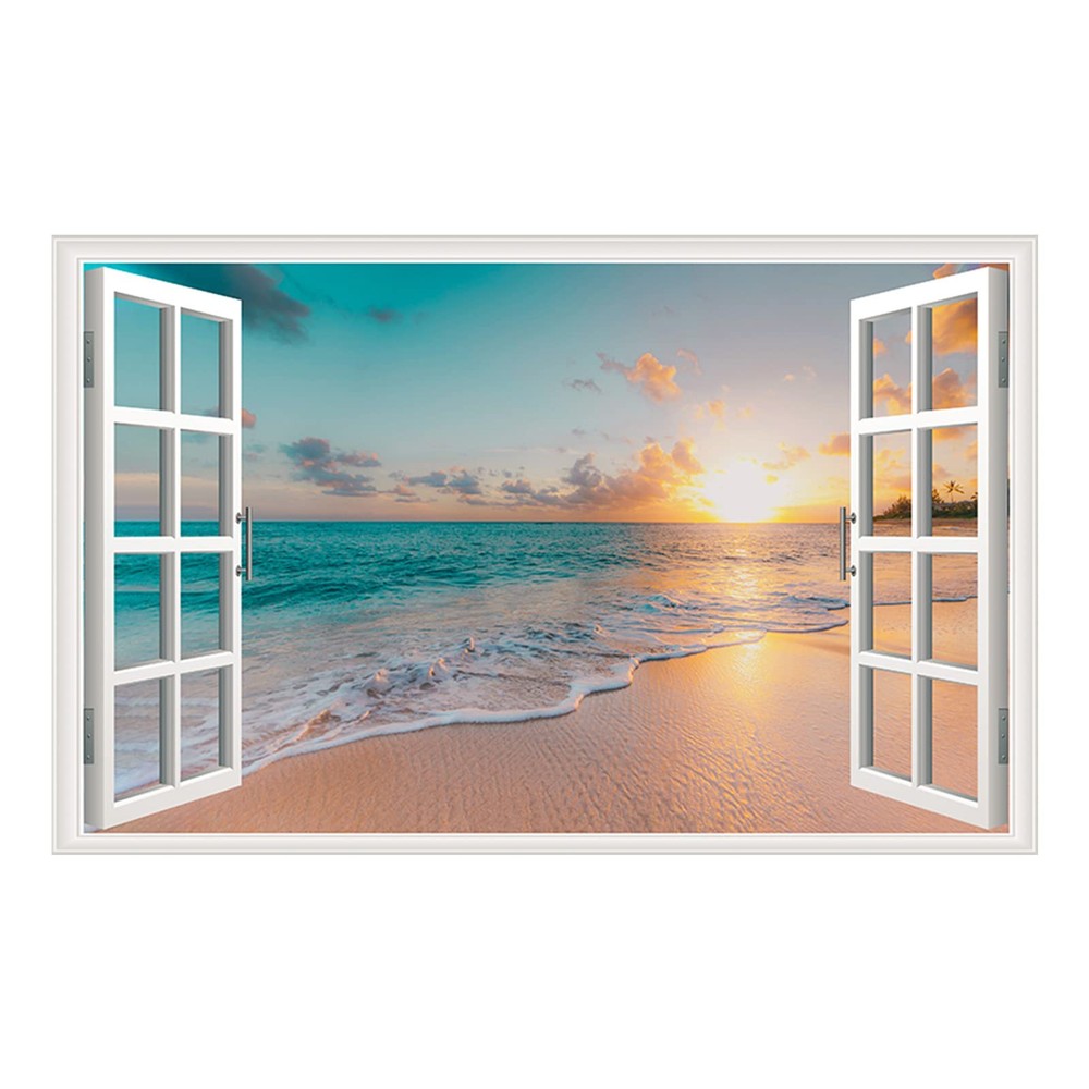 Tropical Sunset Seascape Fake Window Wall Sticker for Beach-Themed Decor