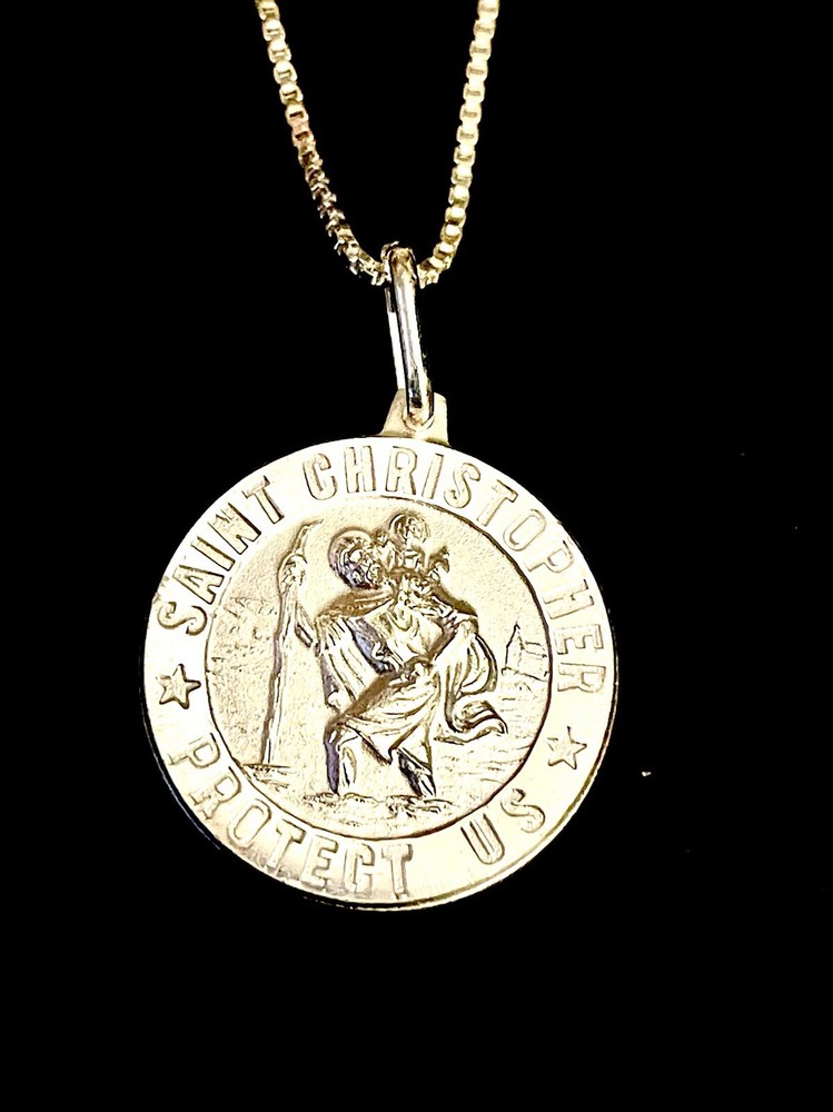 STERLING SILVER NECKLACE ST SAINT CHRISTOPHER 21mm Medal Pendant 24