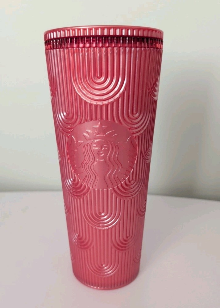 Starbucks Venti Pink Rainbows Embossed Travel Cup Tumbler NO STRAW EUC