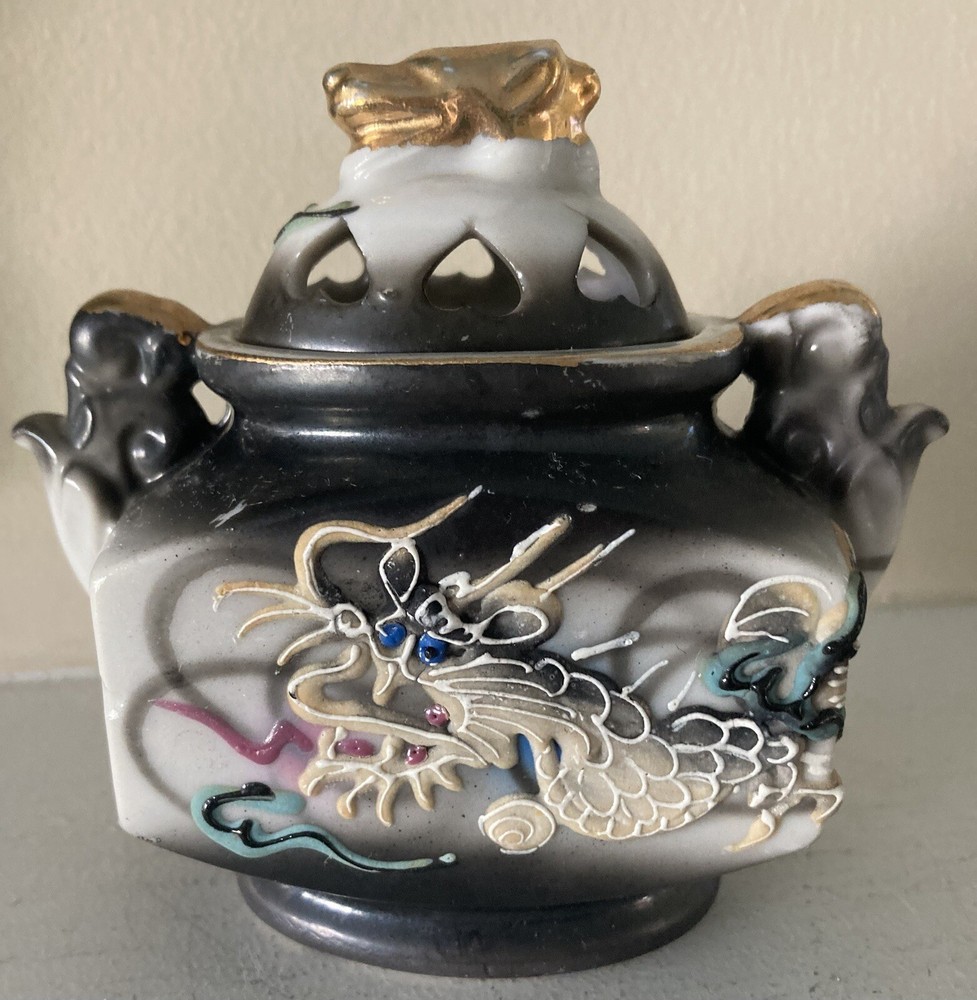 Vtg. Moriage Dragonware Lidded Incense Burner Enesco Japan Blue Eyed Gold Accent