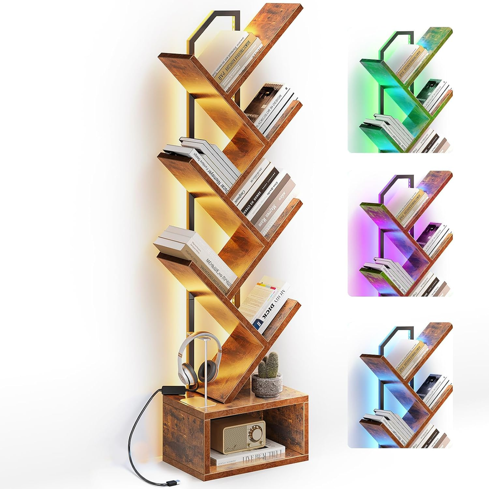 6-Tier Tree Bookshelf — Narrow Floor Standing Bookcase, Tall Steel & Wood Book O