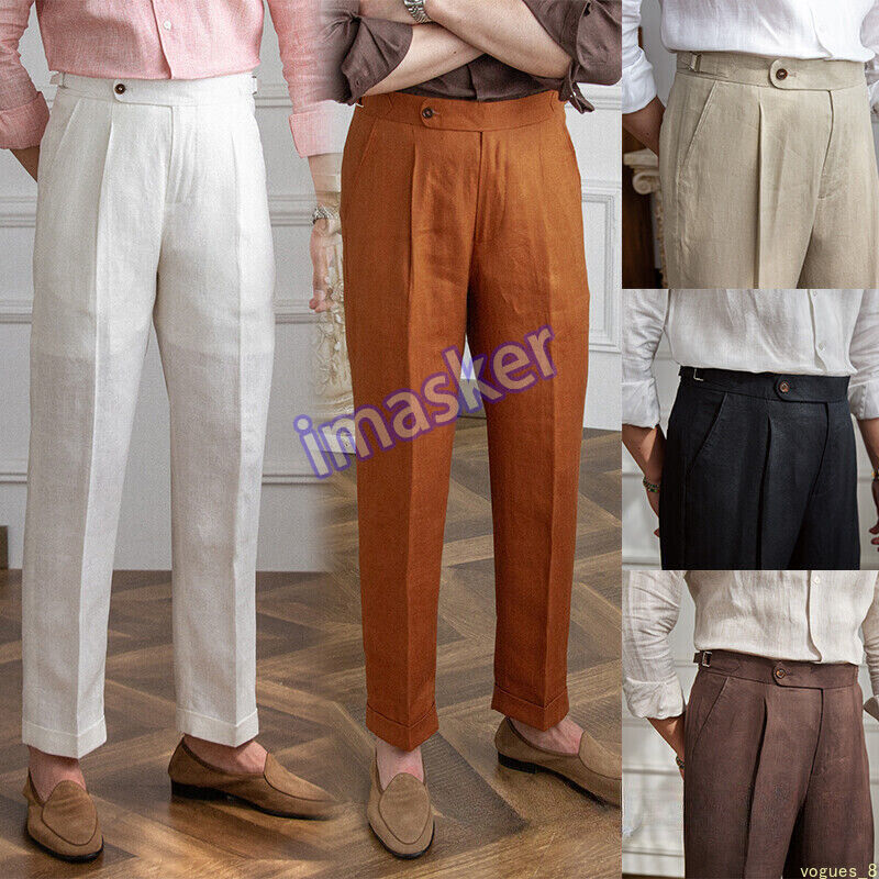 Italian men's 100% linen high-waisted Naples trousers for breathable summer comfort