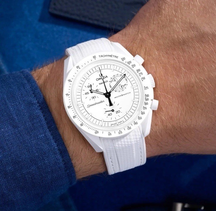 Omega Swatch Moonswatch Speedmaster Silicone Strap 20mm White And White Stitches
