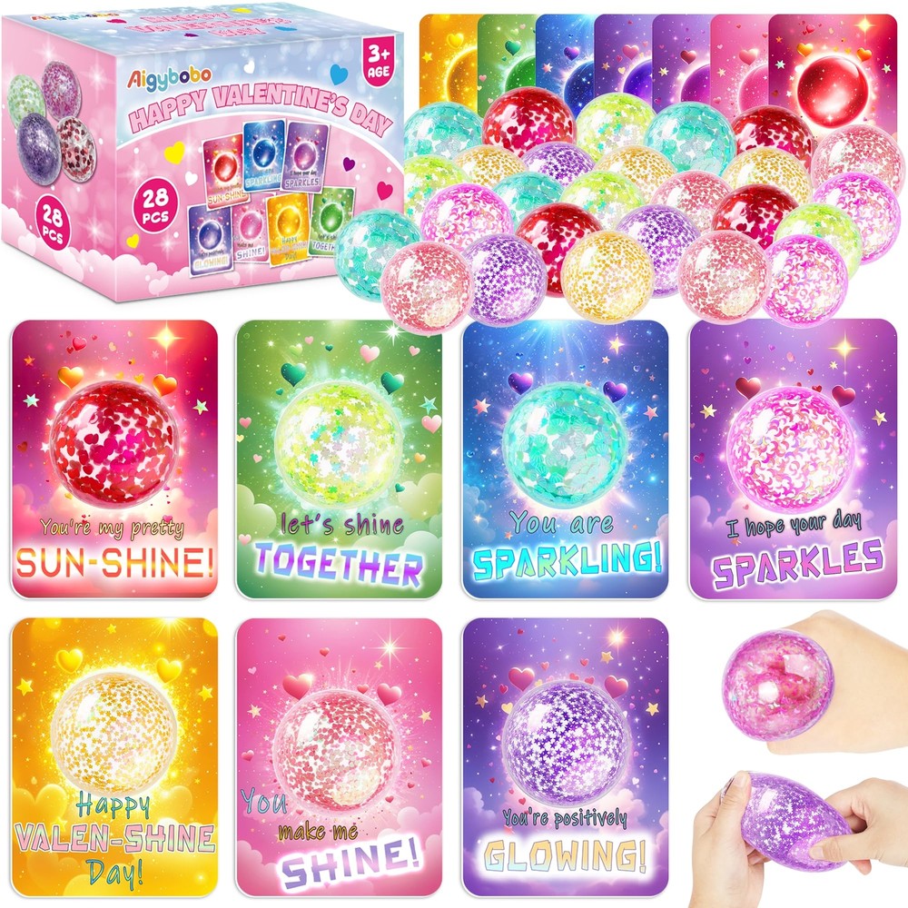 28 Pack Valentines Cards with Glitter Stress Balls for Kids Classroom Exchange