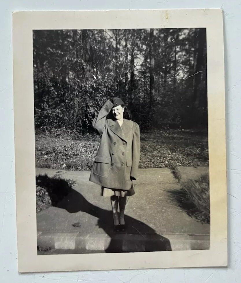 Vintage Photo Pretty Woman in WWII Soldier’s Uniform Clothes Funny 1940s 2.5x3