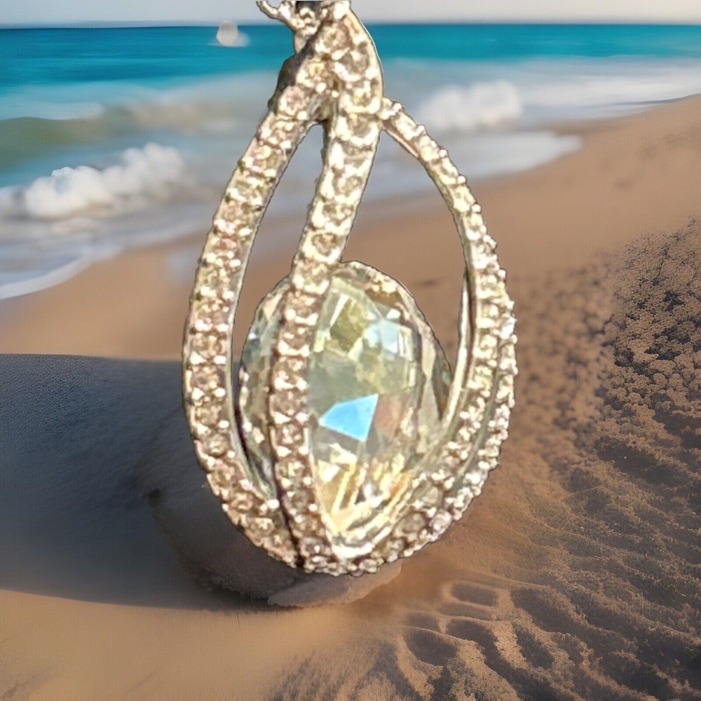Swarovski Crystal In Rhinestone Cage Teardrop Pendant Necklace Rhodium Plated
