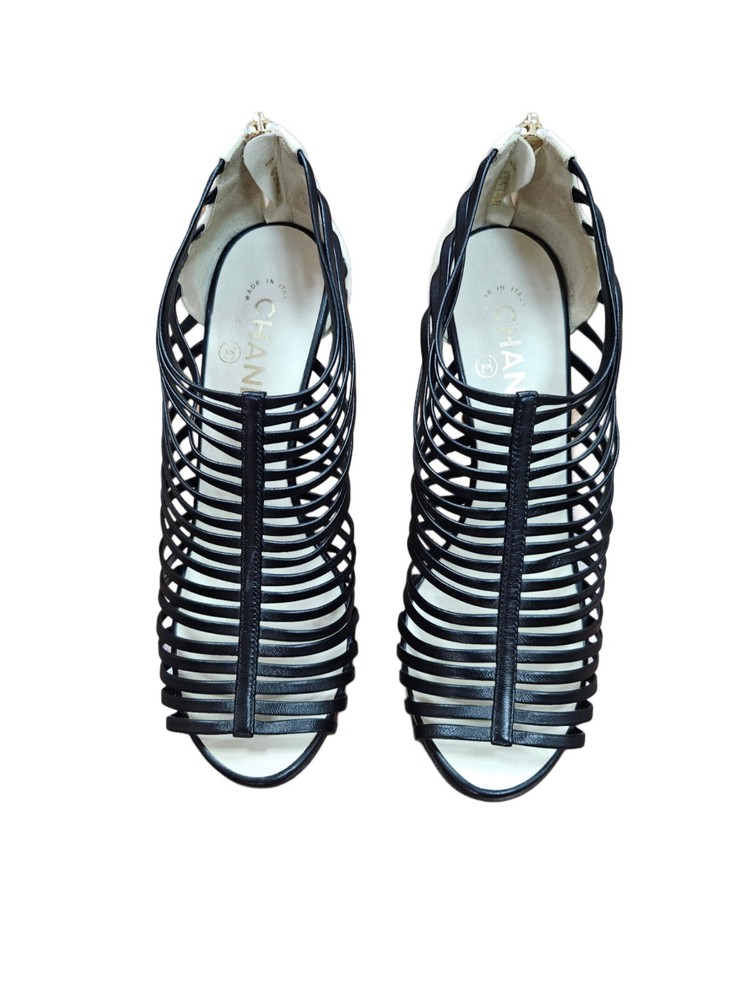 Chanel Black Ivory Leather Cage CC Heel Open Toe Sandals