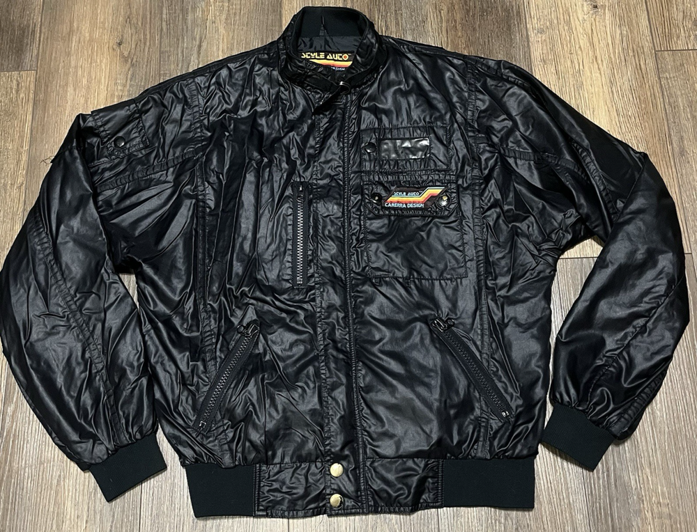VTG 80s Style Carerra Design Racing Jacket Men's L Retro Black Bomber Nylon