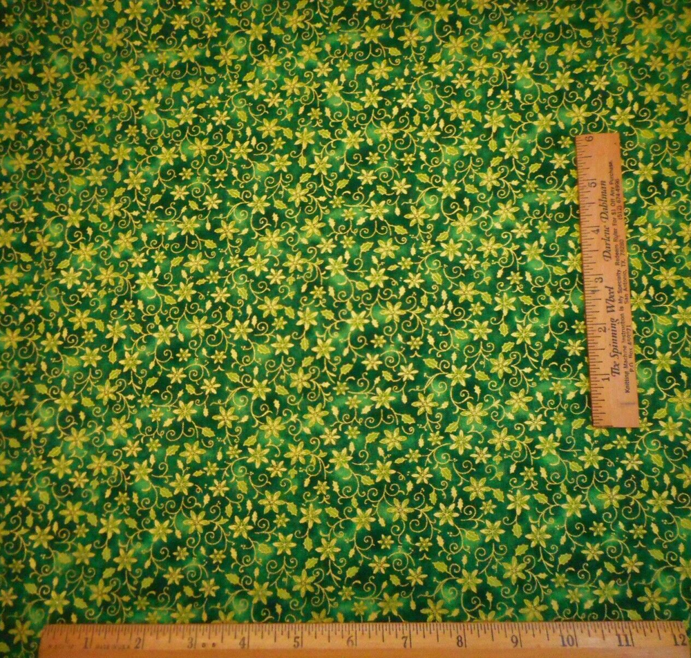 Christmas Fabric By Yard Sm Metallic Gold Floral Swirl Green Premium Cotton 29 B