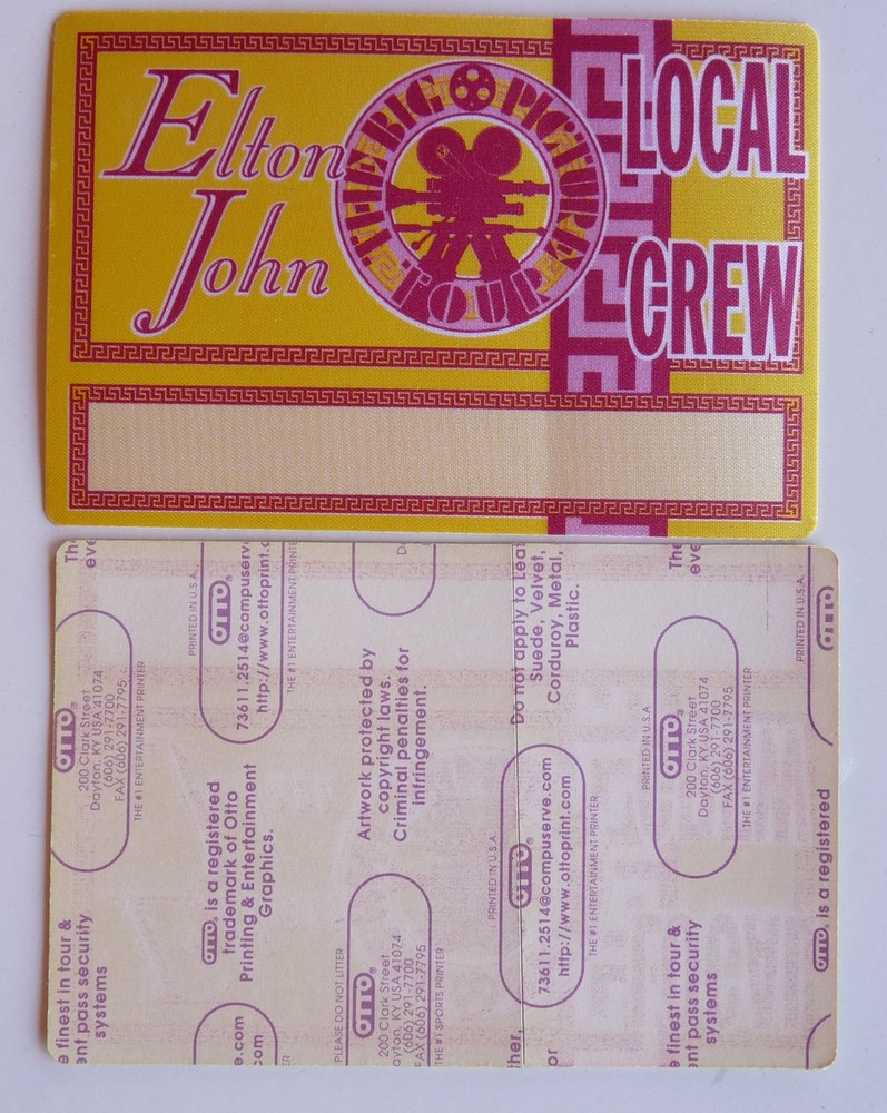 Elton John Big Picture 1998 Concert Tour Yellow Crew Backstage Pass D23