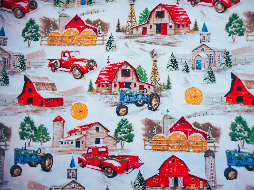 Cotton Fabric 1/2 Yard Vtg Christmas Farm Scene Tractor Barn Church White/Blue 4