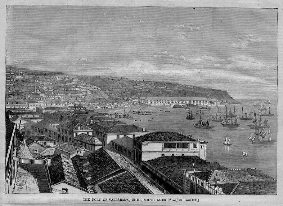 VALPARAISO CHILE SOUTH AMERICA PORT SHIPS SAIL-BOATS ARCHITECTURE 1865 HISTORY