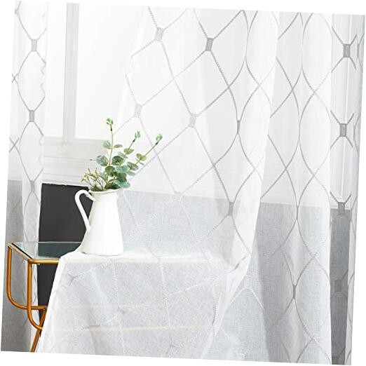 White Grey Embroidered Sheer Curtains 54 x 84 Inches