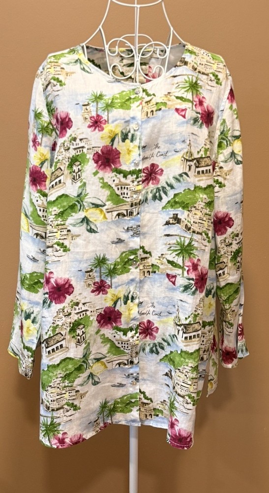 Cynthia Rowley Linen Amalfi French Coast Print Button Front Tunic Plus 1X
